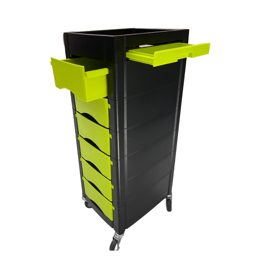 CARRITO AUXILIAR DE PELUQUERÍA PROFESIONAL COLOR NEGRO Y VERDE NEÓN