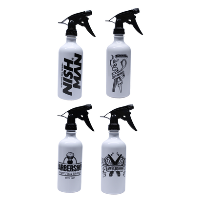 SET DE 4 BOTELLAS PULVERIZADORAS METÁLICAS BARBERSHOP