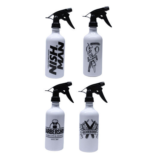 SET DE 4 BOTELLAS PULVERIZADORAS METÁLICAS BARBERSHOP