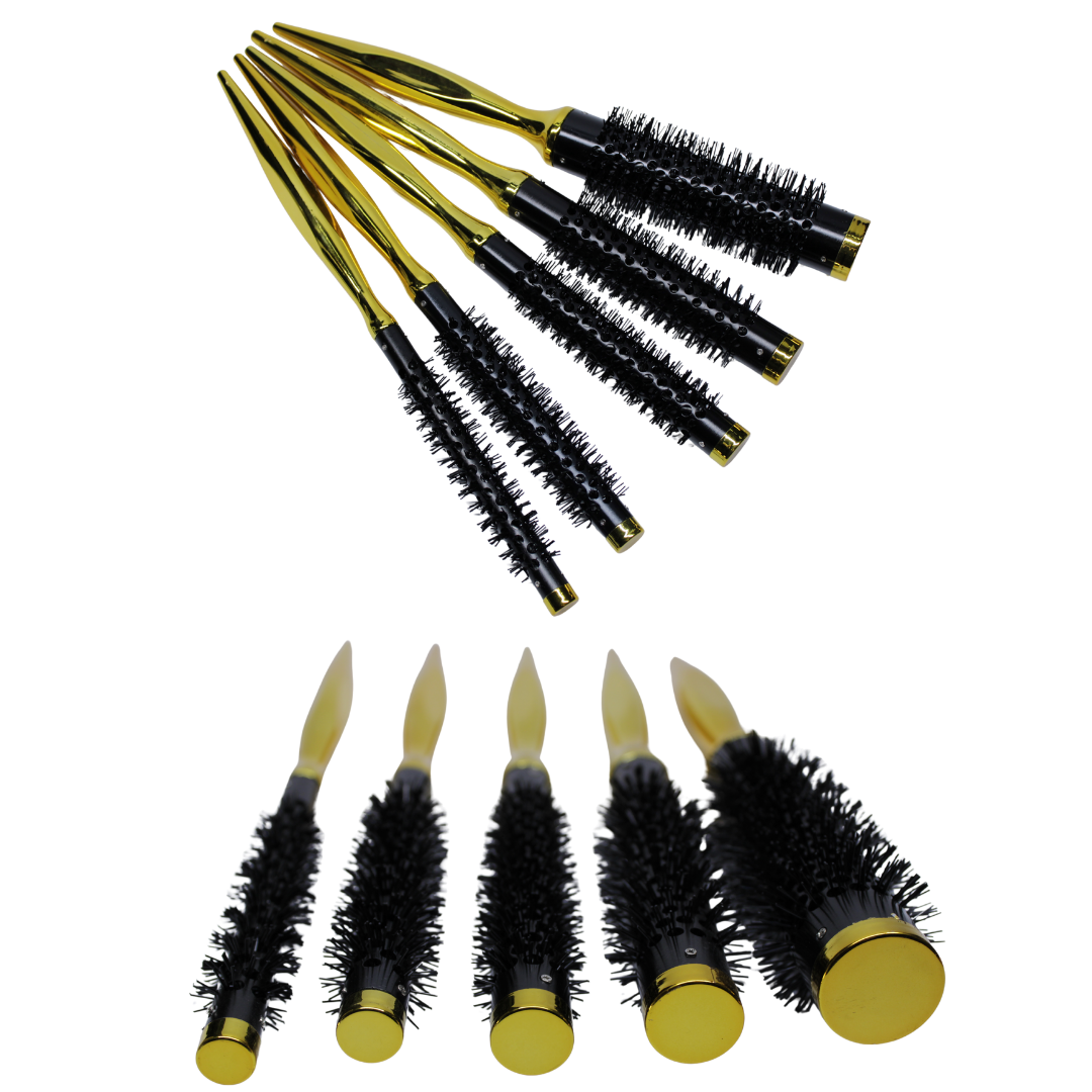 SET DE 6 CEPILLOS REDONDOS PROFESIONALES EN ORO Y NEGRO PARA SECADO
